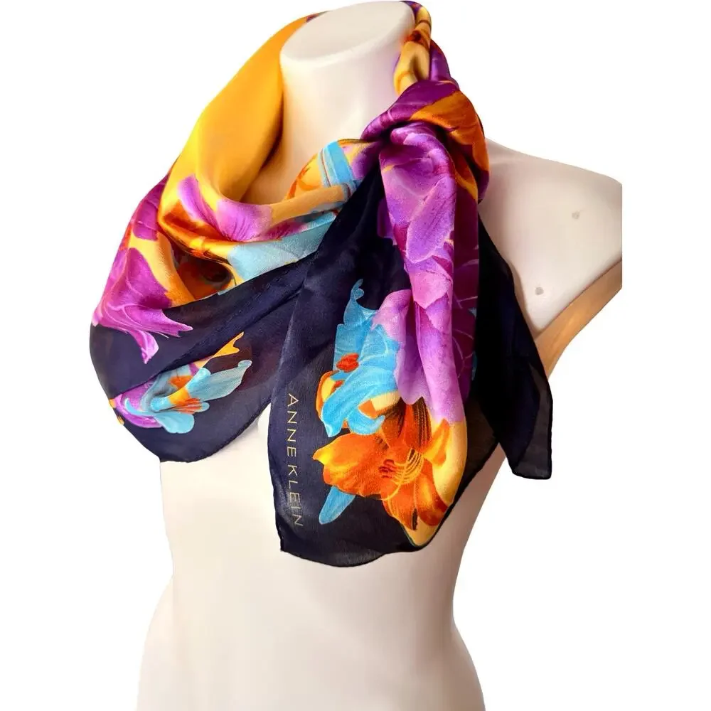 Vintage Anne Klein Silk Floral Scarf NWT 1990s Purple Gold Navy Square 34x34